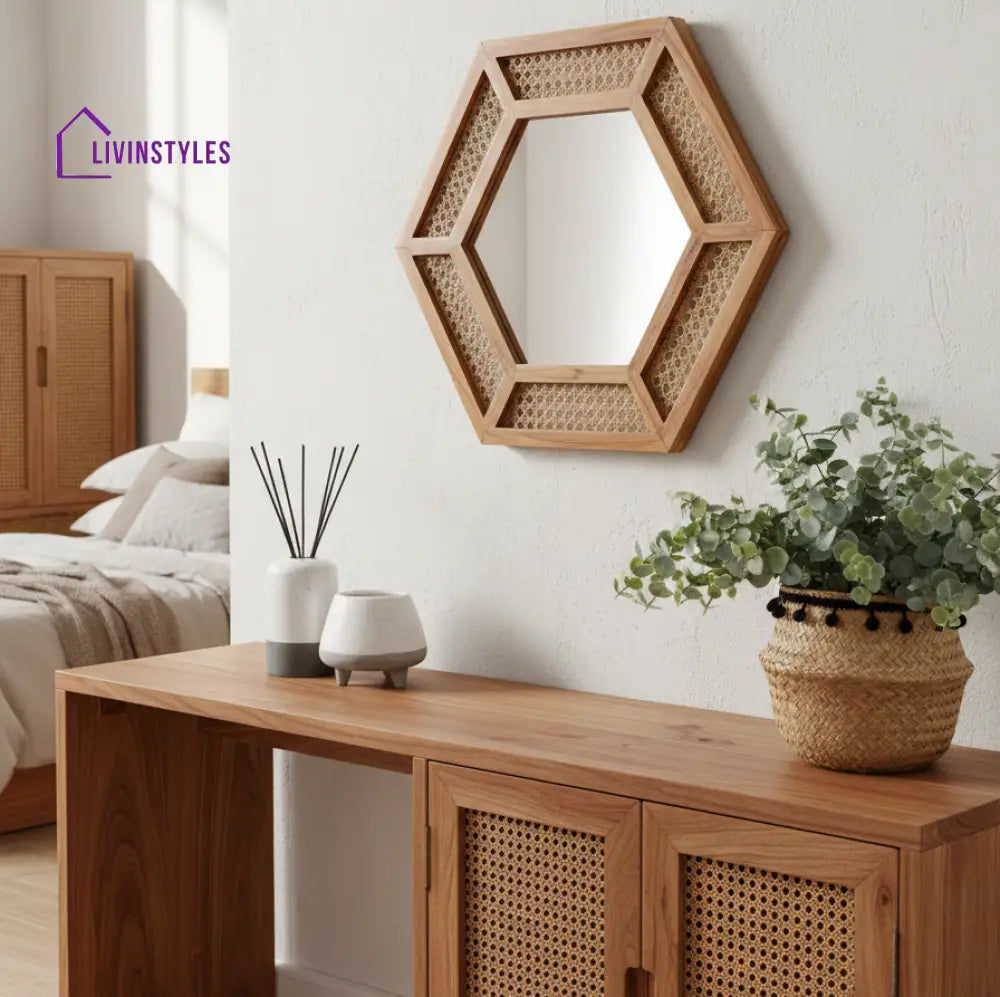 ADOUER WOOD Mirror – 34’’ Boho Honeycomb Mirror with Rattan Webbing Detail - Wall Mirror
