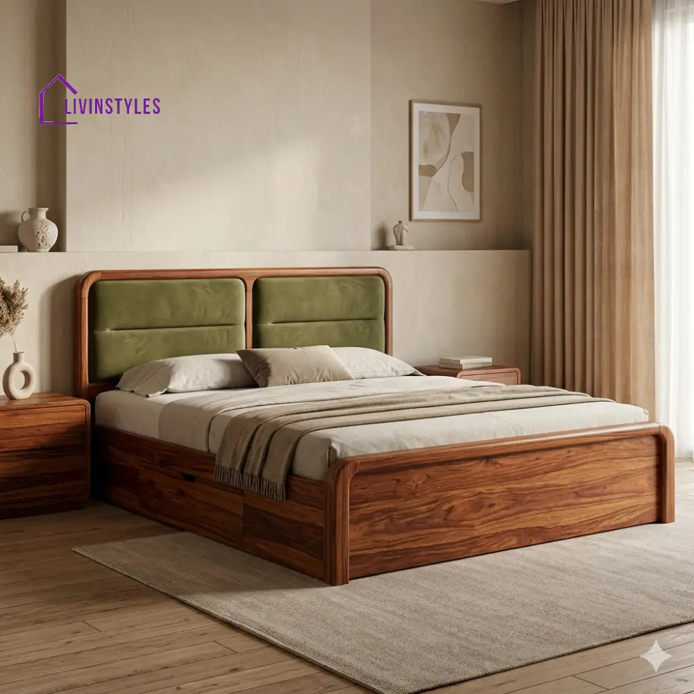 Vladimir Premium Sheesham Wood Bed with Velvet Headboard