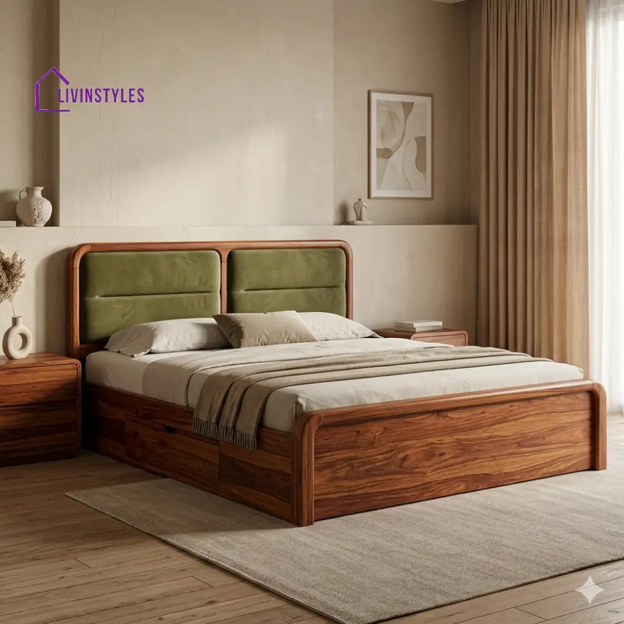 Vladimir Premium Sheesham Wood Bed with Velvet Headboard
