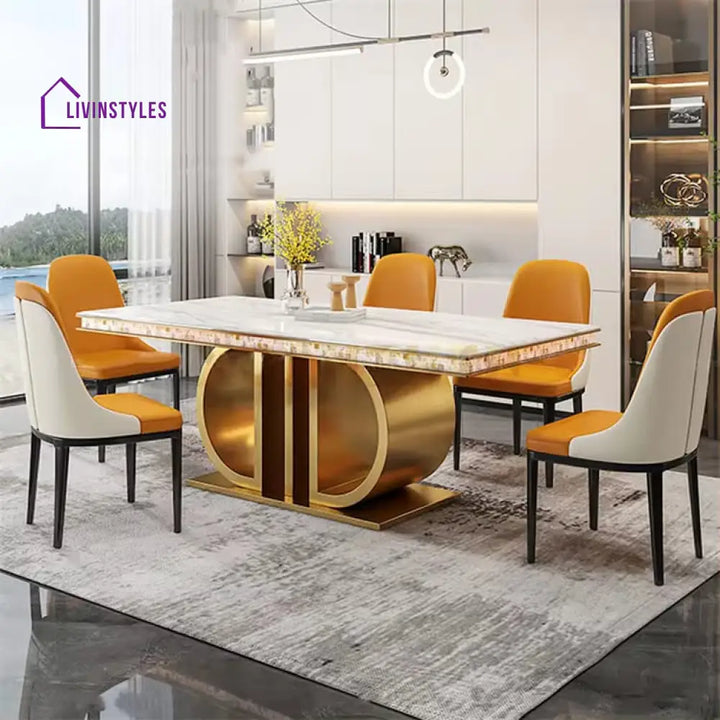 Vladislava Luxurious Gold Stainless Steel Marble Dining Table