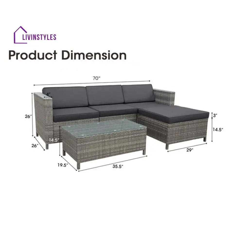 Voigt Outdoor Patio Sofa Set 3 single Seater 1 ottoman and 1 Center Table Set (Black) - Sofa Sets