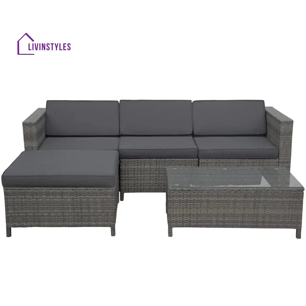 Voigt Outdoor Patio Sofa Set 3 single Seater 1 ottoman and 1 Center Table Set (Black) - Sofa Sets