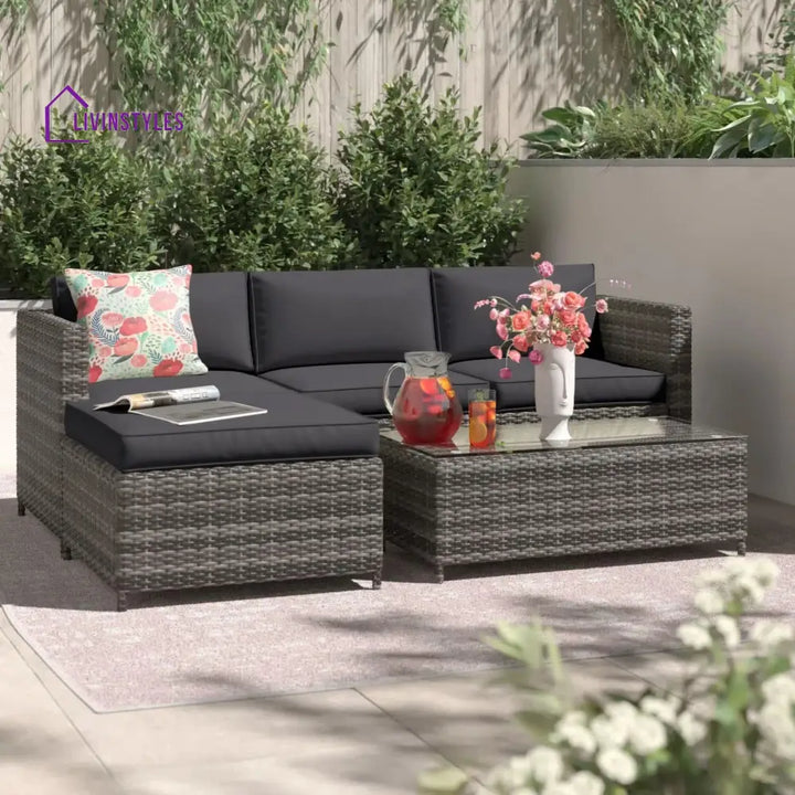 Voigt Outdoor Patio Sofa Set 3 single Seater 1 ottoman and 1 Center Table Set (Black) - Sofa Sets