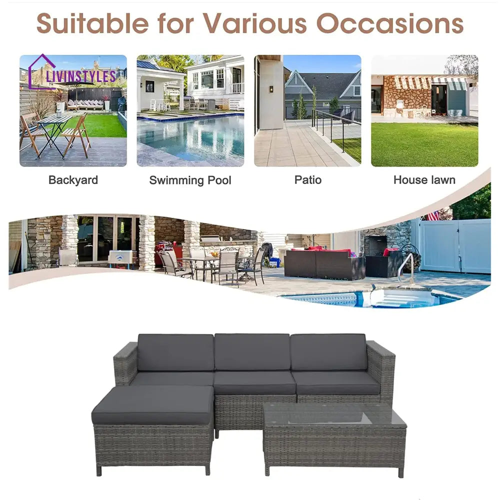 Voigt Outdoor Patio Sofa Set 3 single Seater 1 ottoman and 1 Center Table Set (Black) - Sofa Sets