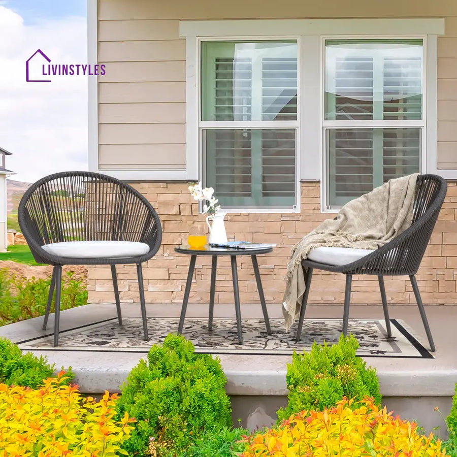 Volta Outdoor Patio Seating Set 2 Chairs and 1 Table Set (Black) Braided & Rope - Coffee Table Sets