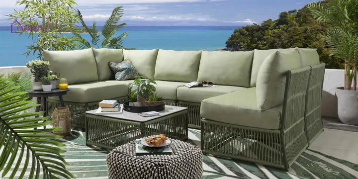 Vonnegut Outdoor Sofa Set 6 Seater and 1 Center Table Set (Green) Braided & Rope - Sofa Sets