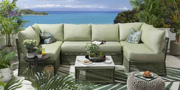 Vonnegut Outdoor Sofa Set 6 Seater and 1 Center Table Set (Green) Braided & Rope - Sofa Sets