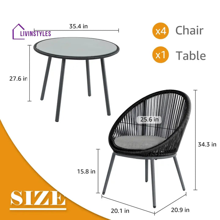 Votion Outdoor Patio Seating Set 4 Chairs and 1 Table Set (Black) - Coffee Table Sets