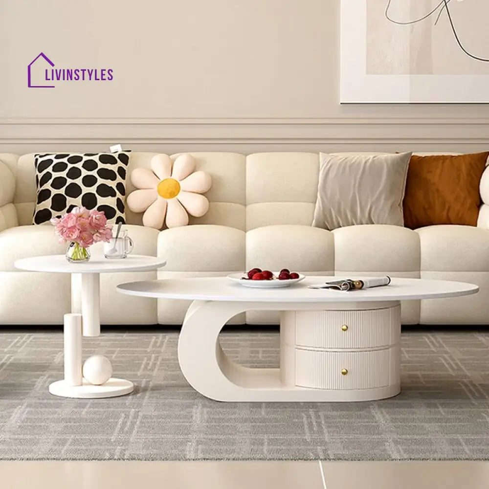 Vritika Stainless Steel Frame Coffee Table in Cream White Finish for Living Room - Single Big Table