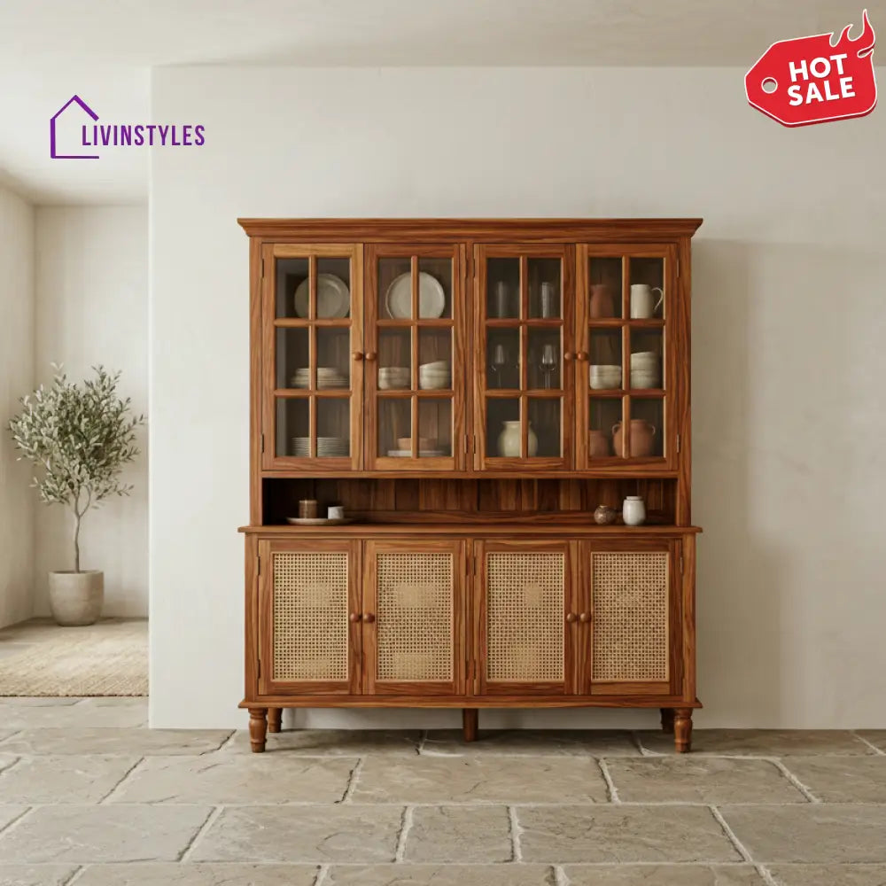 Waimarie Classic Kitchen Cabinet with Glass Cane Weave & Knobs (Honey Finish)