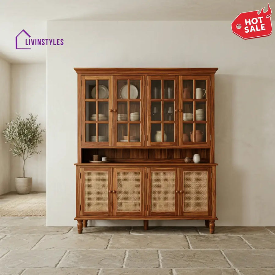 Waimarie Classic Kitchen Cabinet with Glass Cane Weave & Knobs (Honey Finish)