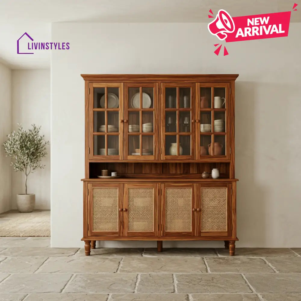 Waimarie Classic Kitchen Cabinet with Glass Cane Weave & Knobs (Honey Finish)