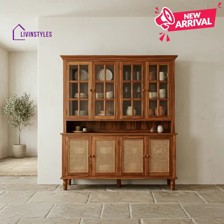 Waimarie Classic Kitchen Cabinet with Glass Cane Weave & Knobs (Honey Finish)
