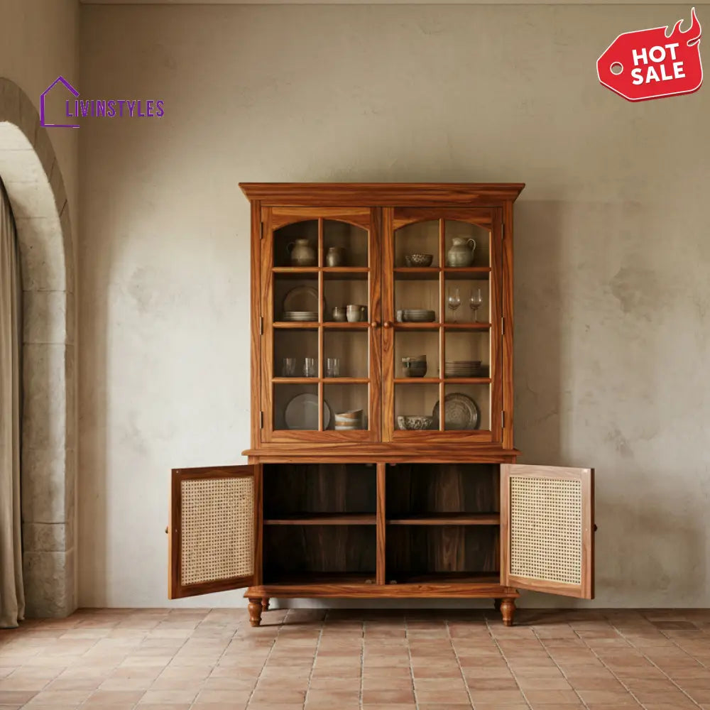 Wairua Classic Kitchen Cabinet with Glass Cane Weave (Honey Finish)