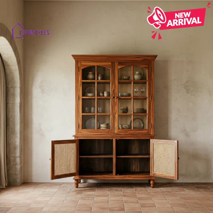 Wairua Classic Kitchen Cabinet with Glass Cane Weave (Honey Finish)