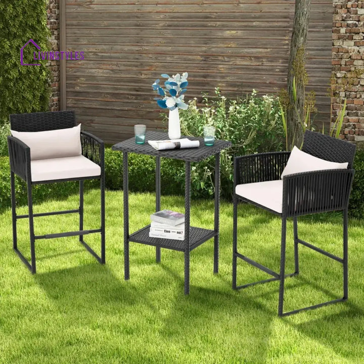 Walburga Outdoor Rattan Wicker Bar Set With 2-Tier Table - Bar Set