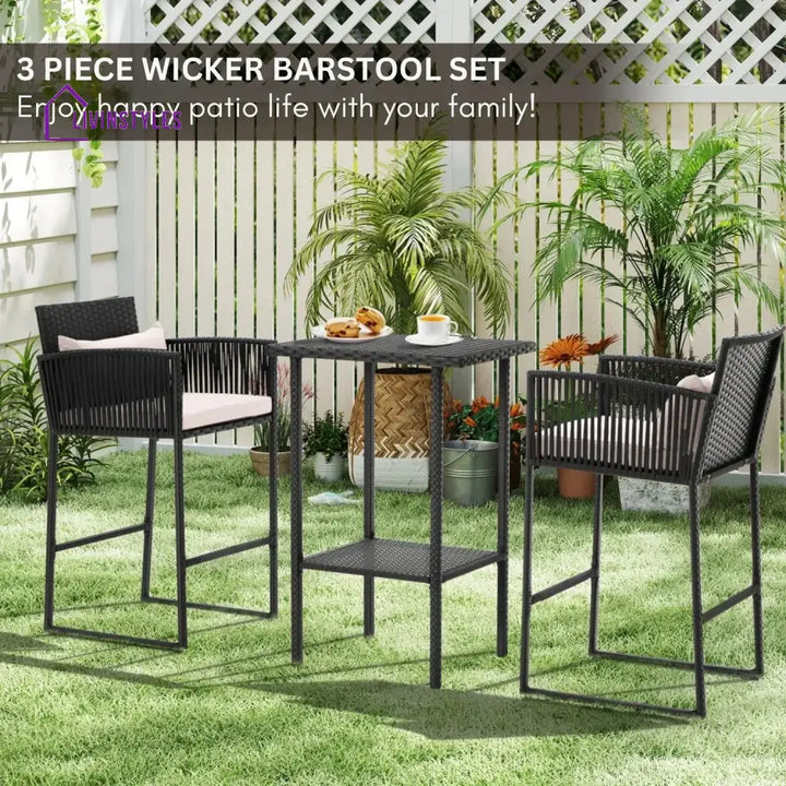 Walburga Outdoor Rattan Wicker Bar Set With 2-Tier Table - Bar Set