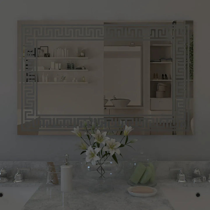 OmkarWood™ Luminé LED Bathroom Mirror with Greek Key Border – 28" x 18"