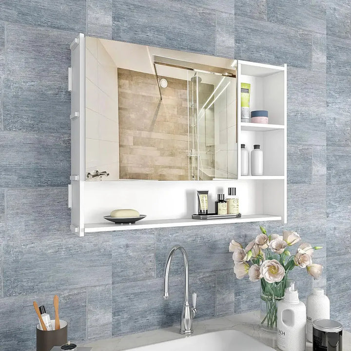 OmkarWood™ Elite Wall-Mounted Bathroom Cabinet with Mirror & Open Shelving – 32" x 24"