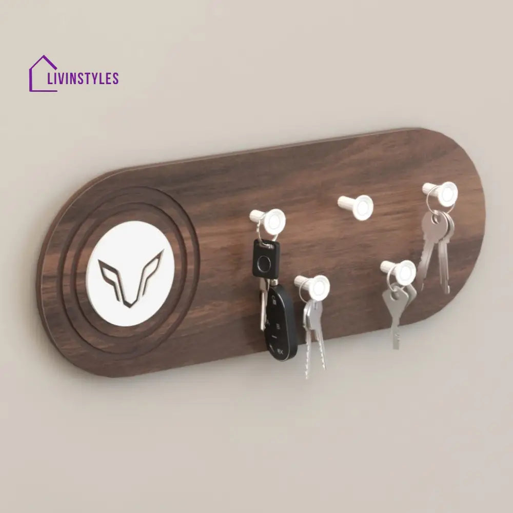 Walrore Wall Mounted Decor Key Holder Hanger with 5 Knobs and a Wolf Emblem for Living Room Home Furniture (Brown Maple