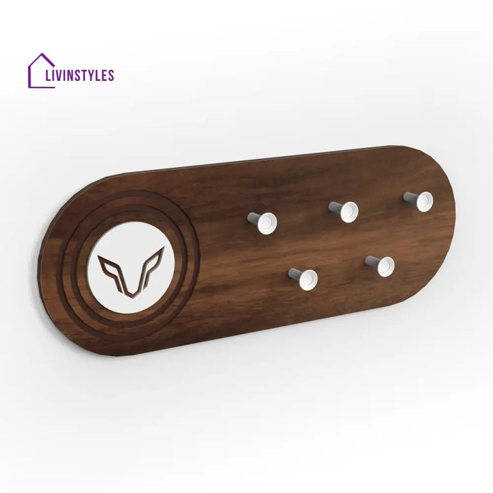 Walrore Wall Mounted Decor Key Holder Hanger with 5 Knobs and a Wolf Emblem for Living Room Home Furniture (Brown Maple