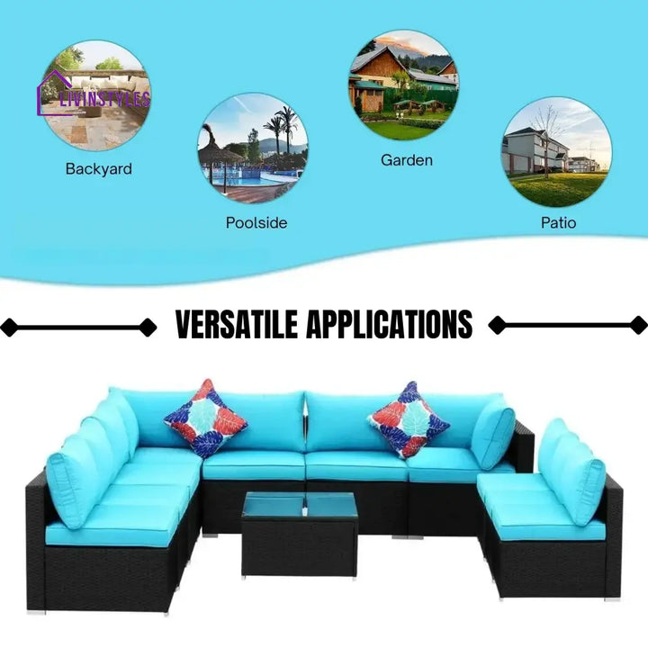 Warda Outdoor Garden Conversation Sofa Set (Black/Sky-Blue) - Sofa Set
