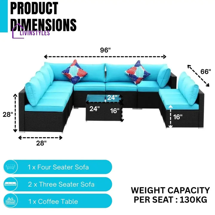 Warda Outdoor Garden Conversation Sofa Set (Black/Sky-Blue) - Sofa Set