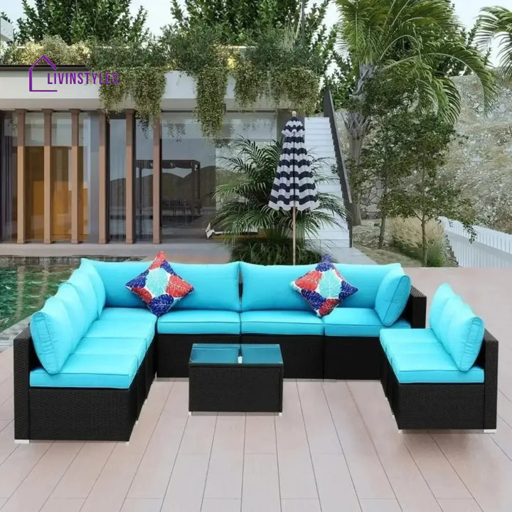 Warda Outdoor Garden Conversation Sofa Set (Black/Sky-Blue) - Sofa Set