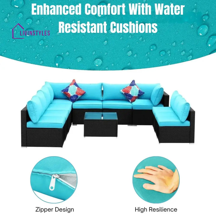 Warda Outdoor Garden Conversation Sofa Set (Black/Sky-Blue) - Sofa Set
