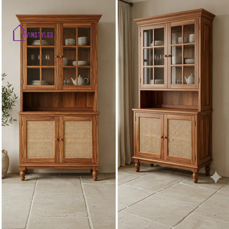 Whanau Classic Kitchen Cabinet with Glass Cane Weave (Honey Finish)