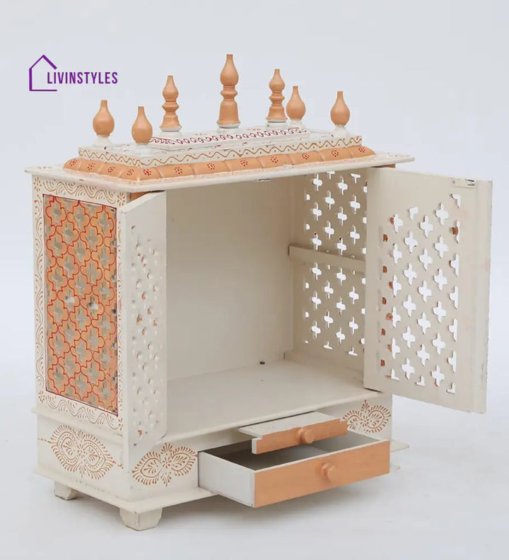 White And Gold Mango Wood & MDF Pooja Mandir With Door, - Ouch Cart 