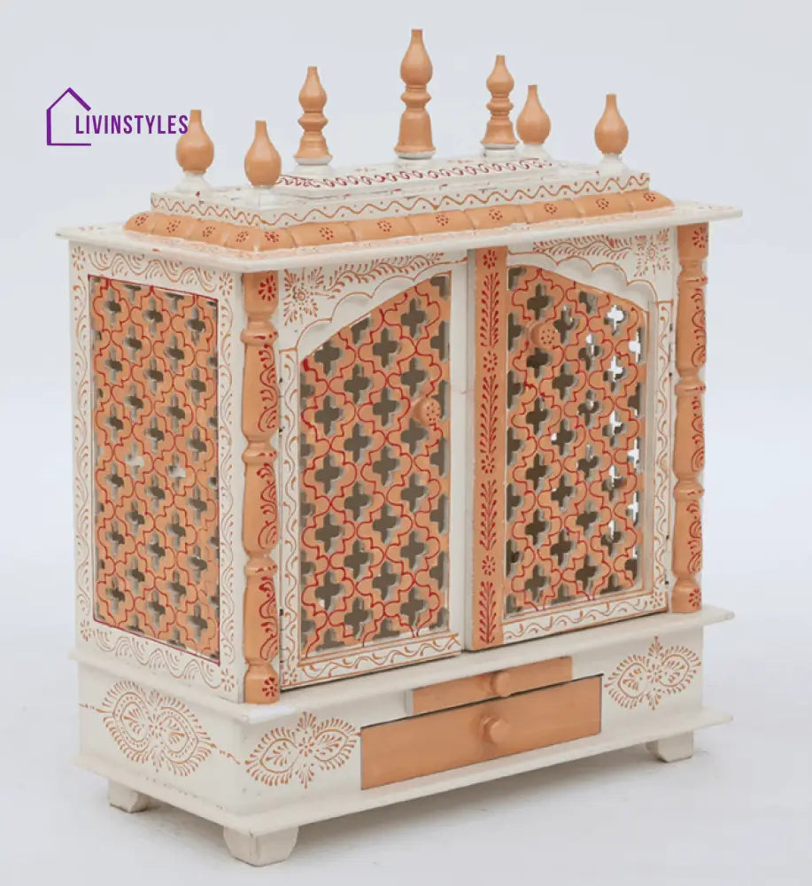 White And Gold Mango Wood & MDF Pooja Mandir With Door, - Ouch Cart 