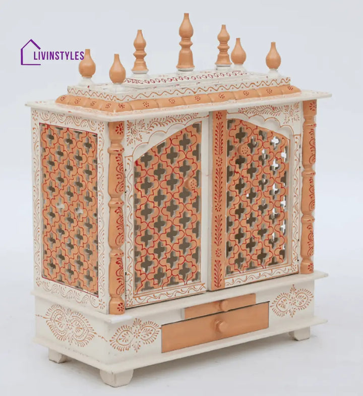 White And Gold Mango Wood & MDF Pooja Mandir With Door, - Ouch Cart 
