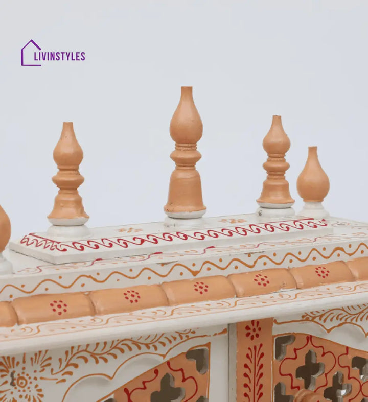 White And Gold Mango Wood & MDF Pooja Mandir With Door, - Ouch Cart 