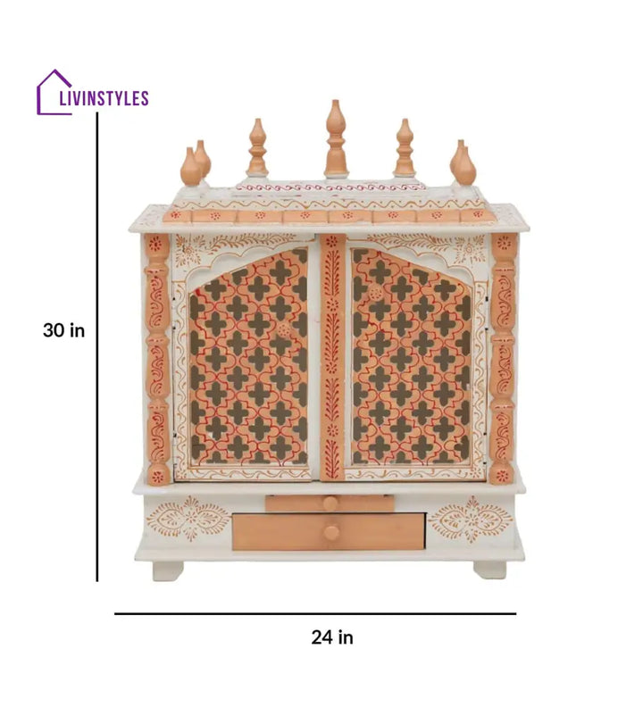 White And Gold Mango Wood & MDF Pooja Mandir With Door, - Ouch Cart 