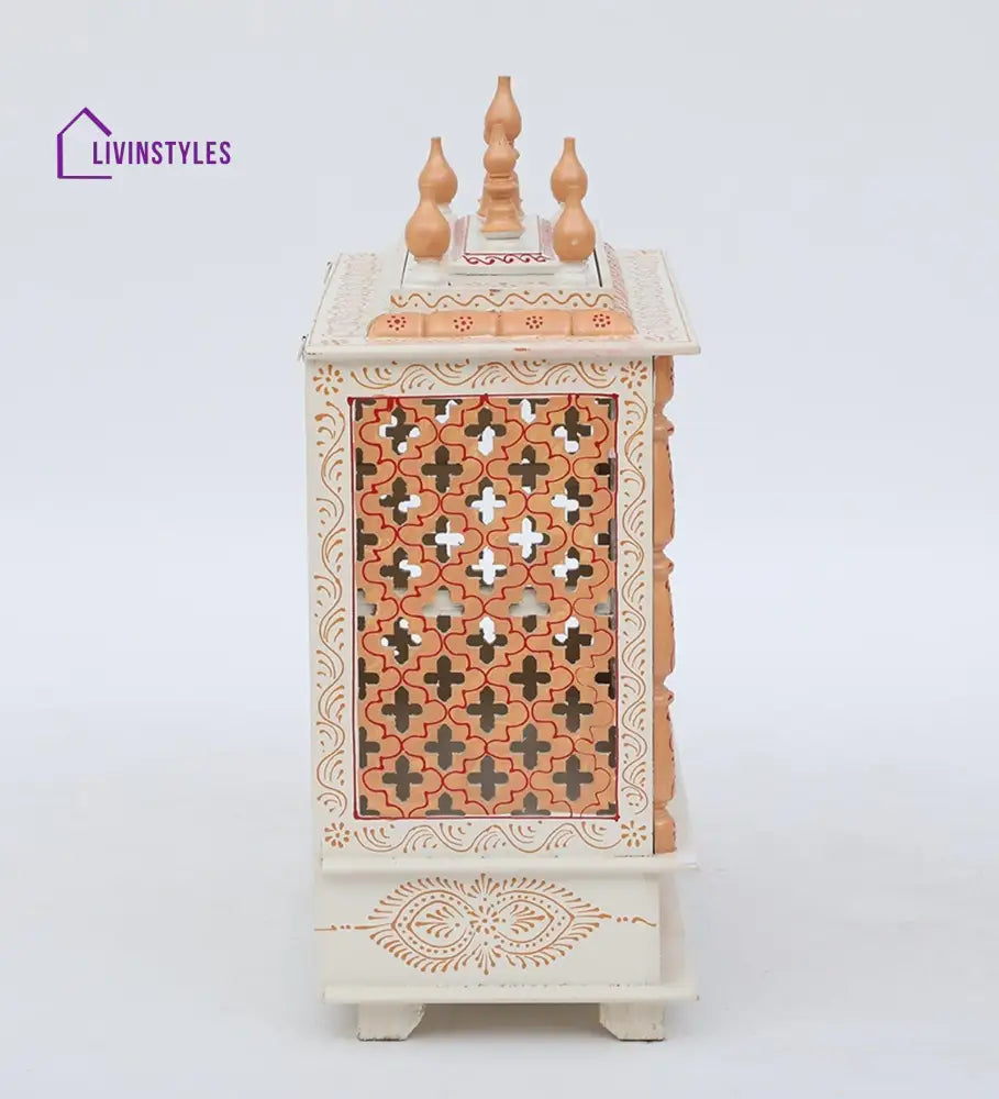 White And Gold Mango Wood & MDF Pooja Mandir With Door, - Ouch Cart 