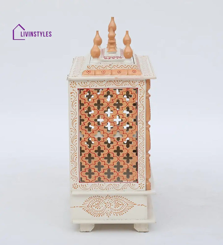 White And Gold Mango Wood & MDF Pooja Mandir With Door, - Ouch Cart 