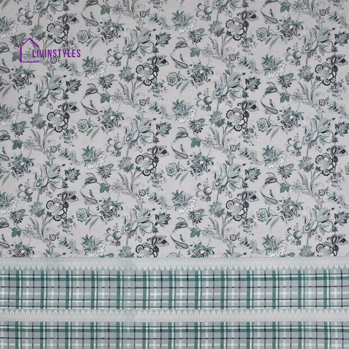 White And Green Floral Print Super King Cotton Bed Sheet With 2 Pillow Covers