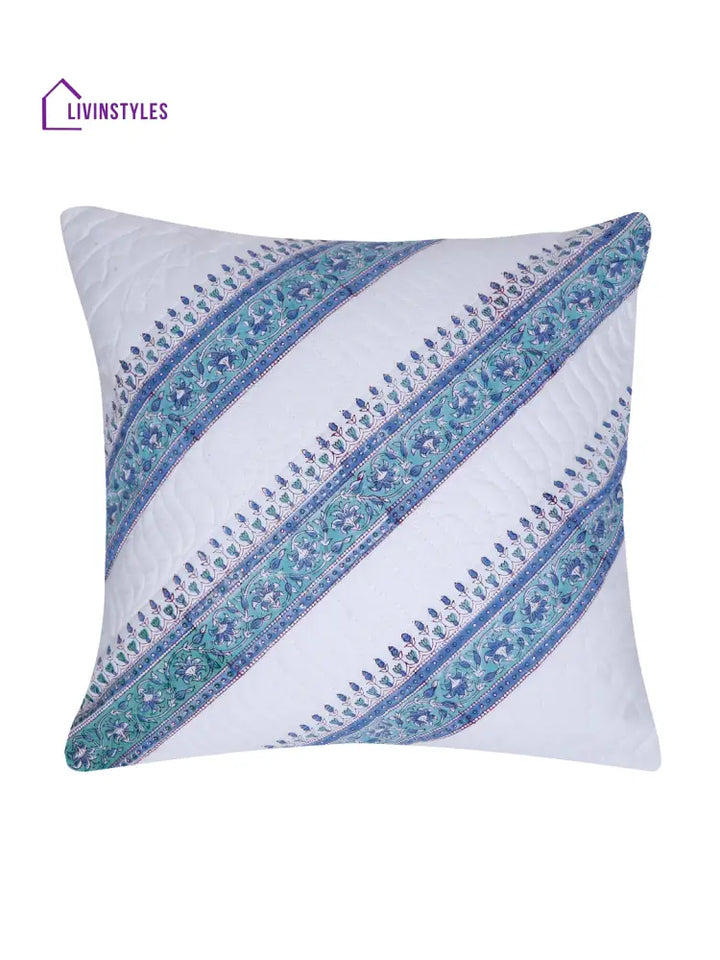 White And Green Hand Block Quilted Pure Cotton Floral Cushion Cover Set Of 2 (16X16 Inch)