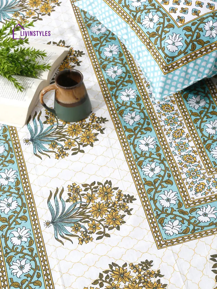 White And Green Screen Jaipuri Indie Print 180 Tc Cotton Double Bed Sheet With 2 Pillow Covers
