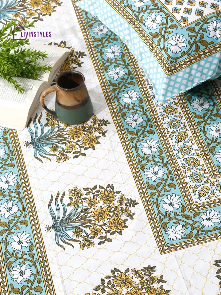 White And Green Screen Jaipuri Indie Print 180 Tc Cotton Double Bed Sheet With 2 Pillow Covers