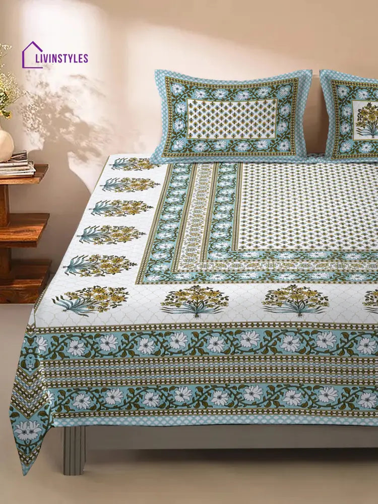 White And Green Screen Jaipuri Indie Print 180 Tc Cotton Double Bed Sheet With 2 Pillow Covers