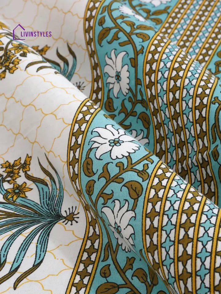 White And Green Screen Jaipuri Indie Print 180 Tc Cotton Double Bed Sheet With 2 Pillow Covers