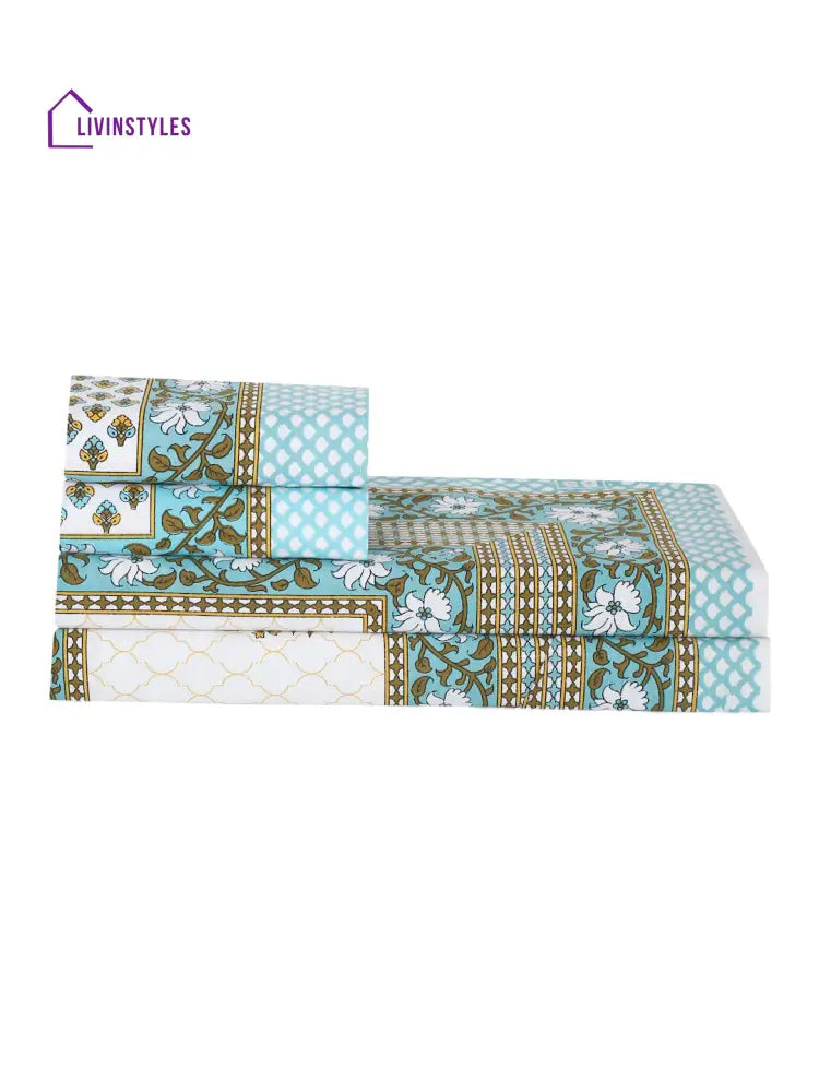 White And Green Screen Jaipuri Indie Print 180 Tc Cotton Double Bed Sheet With 2 Pillow Covers
