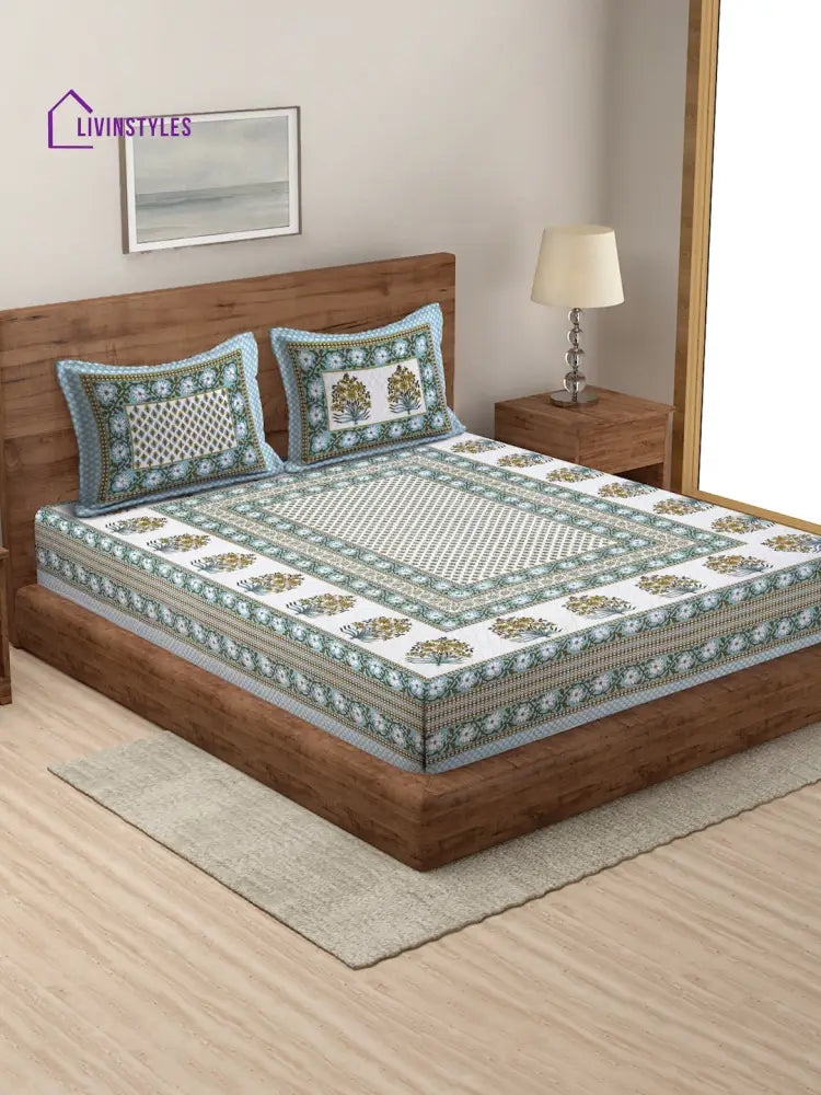 White And Green Screen Jaipuri Indie Print 180 Tc Cotton Double Bed Sheet With 2 Pillow Covers
