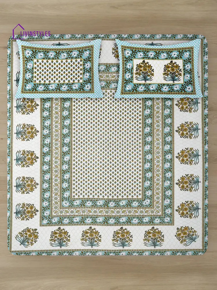 White And Green Screen Jaipuri Indie Print 180 Tc Cotton Double Bed Sheet With 2 Pillow Covers