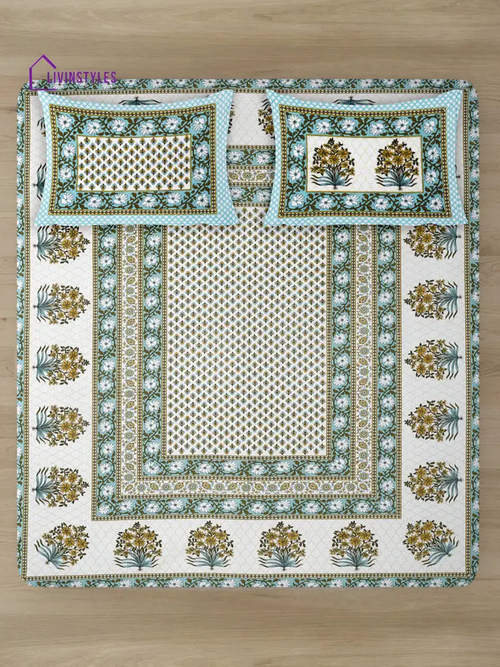 White And Green Screen Jaipuri Indie Print 180 Tc Cotton Double Bed Sheet With 2 Pillow Covers