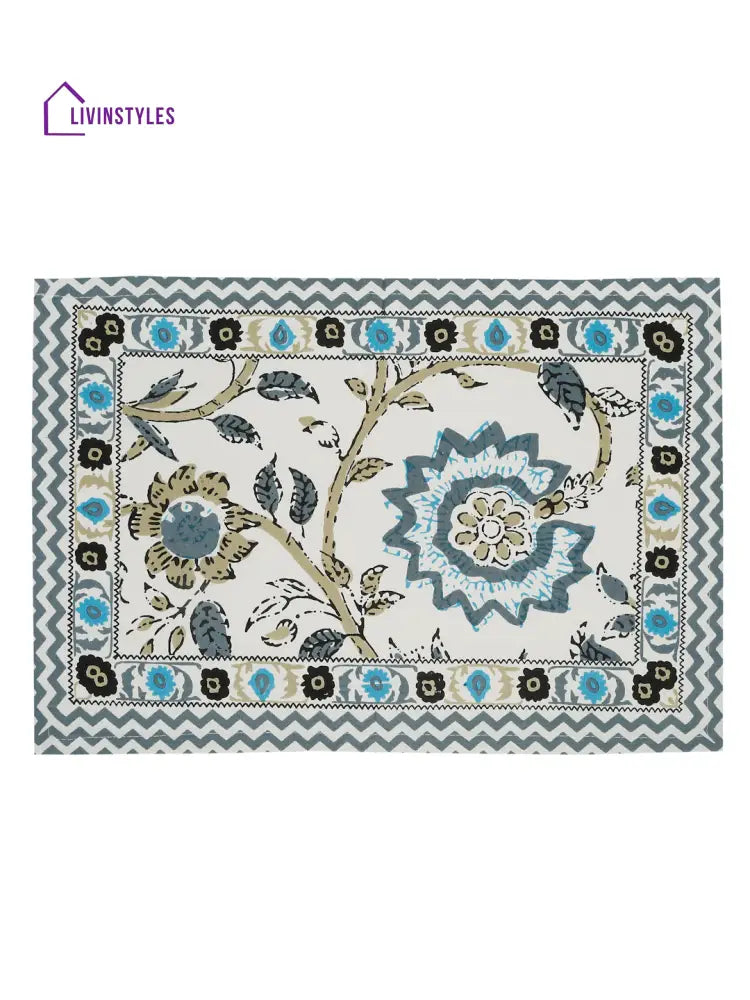 White And Green Set Of 7 Cotton Printed Table Mat Runner