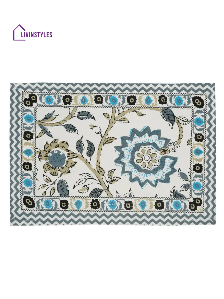White And Green Set Of 7 Cotton Printed Table Mat Runner
