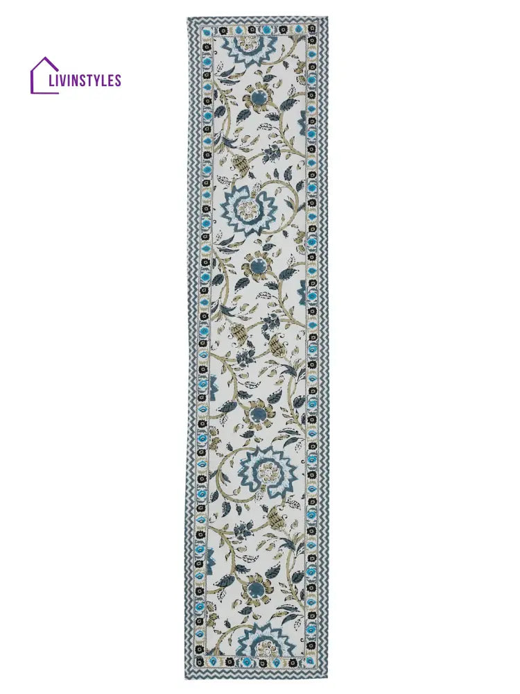 White And Green Set Of 7 Cotton Printed Table Mat Runner